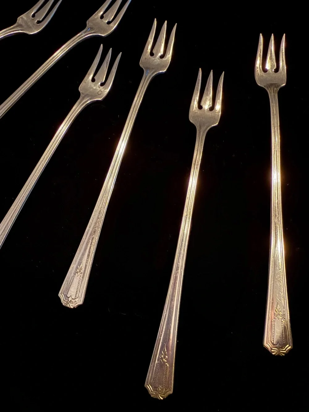 Rare 1935 Set of 8 Silver Plate Oyster/Cocktail Forks, Sheldon Pattern